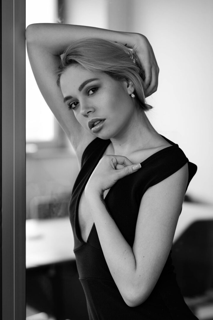 Black and white portrait of a blonde woman